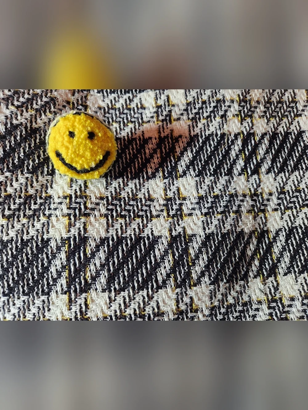 Black, Cream & Yellow Tweed Plaid Check Work Office Tote With Smiley Face